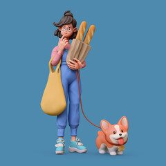 3d rendering of stylized thoughtful asian brunette girl holding shopping bag, paper bag with baguettes, standing touches chin with hand thinking and holds a corgi dog on a leash on blue background.