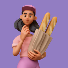 3d rendering portrait of stylized thoughtful brazilian brunette girl in casual fashion clothes baseball cap holding paper bag with baguettes, shopping touches chin with hand thinking violet background
