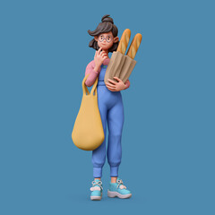 3d rendering of stylized thoughtful asian brunette girl in glasses, casual fashion clothes holding shopping bag, paper bag with baguettes, standing touches chin with hand thinking on blue background.