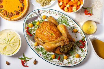 Celebration of Thanksgiving Day. Roasted chicken or turkey, mashed potatoes, vegetables and pumpkin pie. View from above, top studio shot