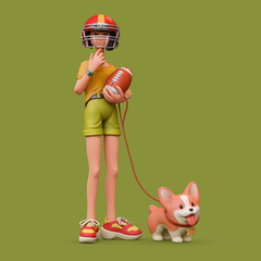 3d rendering of stylized thoughtful asian teen girl in t-shirt, red sports helmet holding american football ball standing touching chin with hand, thinking, holding corgi dog on leash green background