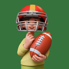 3d rendering portrait of cute stylized thoughtful asian child girl in casual clothes, pullover, red sports helmet, holding american football ball, touching chin with hand, thinking, green background.
