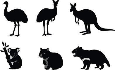 Silhouette vector illustration of Australian animals including kangaroo, koala, wombat, emu, cassowary and Tasmanian devil isolated wildlife design collection.