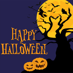 Halloween greeting card, carved pumpkins, flying witch, bats, gnarled tree, and bright yellow moon on dark indigo background