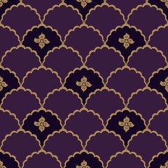 Fototapeta premium Seamless retro floral pattern with scalloped shapes in purple and gold tones