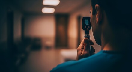 A medical professional in a blue uniform uses a handheld digital scope in a dark hospital corridor.