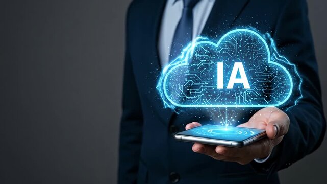 IA Ic&ocirc;ne d'intelligence artificielle dans un nuage holographique num&eacute;rique au-dessus du t&eacute;l&eacute;phone tenu dans la main d'un homme d'affaires vid&eacute;o