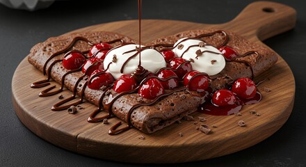 Fototapeta premium Chocolate Crepe with Cherries and Cream Dessert