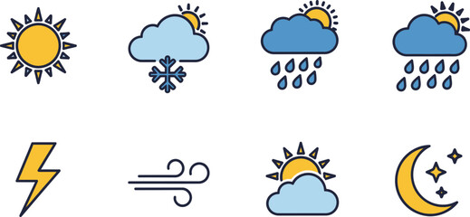 A concise set of eight colorful weather icons illustrating conditions such as sun, snowy clouds, rain, lightning, wind, and a night sky with stars