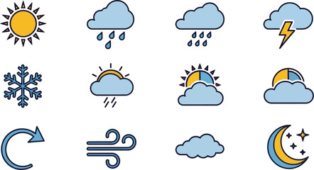 Obraz premium A collection of twelve weather icons representing different atmospheric conditions, including sun, rain, thunderstorms, snowflakes, sunrise, sunset, wind, clouds, and a starry night with a moon