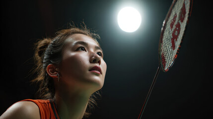 Deined athlete focused on badminton match under bright spotlight with racquet in hand preparing for powerful move in competitive sports environment.