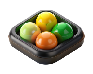 Four glossy spheres in a dark square container reflecting light creating eye catching visuals 3d illustration isolated on transparent background