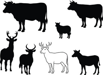 Silhouette vector illustration of farm and wild animals including cow, sheep, deer, goat, bull, ox for agriculture, wildlife, nature design
