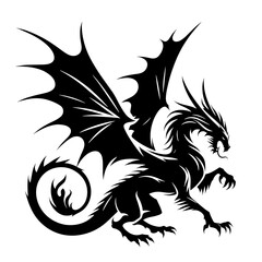 Obraz premium Dragon with spread wings, black silhouette vector on transparent background