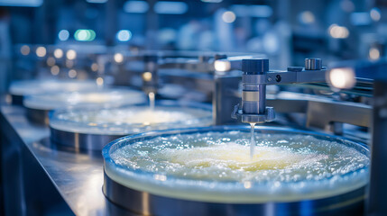 Fototapeta premium Bioreactors growing microbes in fermentation lab spinning impellers pH sensors harvest lines air filters. Bubbling photo with impeller blades sensor data microbial