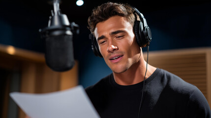 Voice actor recording commercial in studio highlighted script glowing mic snug headphones engineer tweaking dials. Focused photo with mic shine paper highlights audio