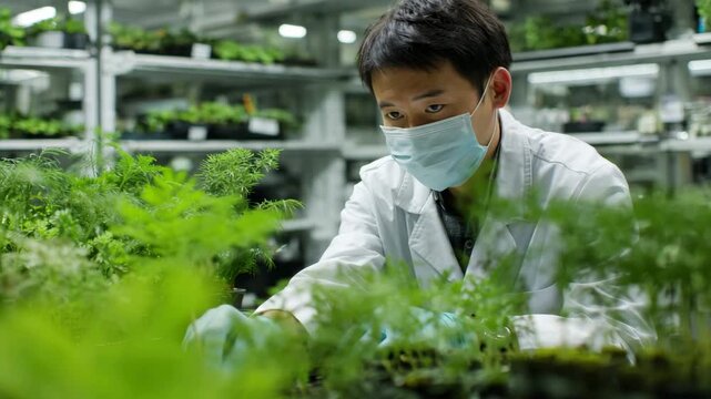 A researcher in a lab coat carefully inspects young plants in a greenhouse. This study focuses on plant growth and environmental impacts. The urban setting provides unique insights into urban botany