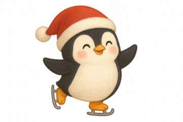 Cute happy penguin in santa hat ice skating, enjoying winter holiday fun, transparent background illustration