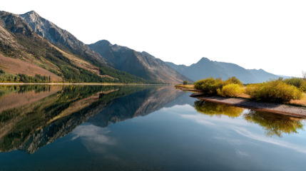 Serene Mountain Lake: A stunning landscape features majestic mountains reflected in the calm, clear waters of a serene lake, creating a breathtaking scene of natural beauty and tranquility. 