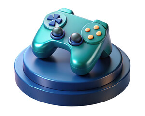 Glossy turquoise game controller on blue podium gaming illustration and entertainment design 3d illustration isolated on transparent background