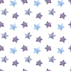 Minimalist seamless pattern with stars. Hand drawn watercolor illustration with blue and purple stars on white background.
