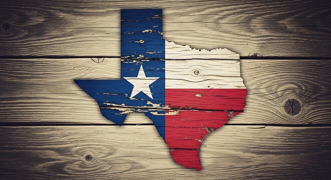 Rustic Texas State Map with Lone Star Flag on a Wooden Wall.