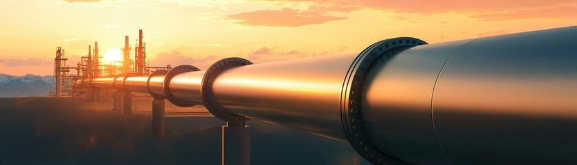 A long pipeline stretches into the horizon, illuminated by a vibrant sunset, showcasing industrial infrastructure against a dramatic sky.