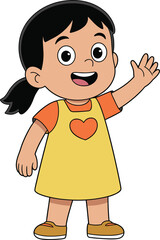A cute and happy little Asian girl cartoon character with black hair smiling and waving, wearing an orange t-shirt with a heart and a yellow dress.