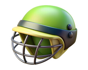Naklejka premium Green cricket helmet with yellow visor and grill sports equipment safety gear 3d illustration isolated on transparent background