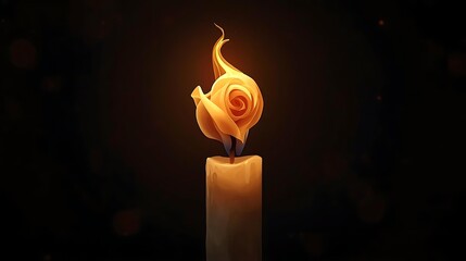 A single lit candle with a flame shaped like a rose against a dark background.