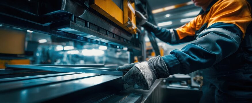 The machinist operating a hydraulic press in a modern industrial metal fabrication plant