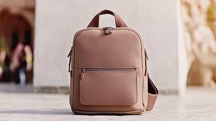 A stylish, modern backpack stands against a blurred background, showcasing its sleek design and practical features.