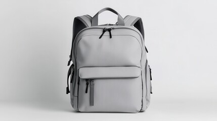 A sleek gray backpack with multiple compartments, designed for functionality and style. Perfect for school, travel, or daily use.