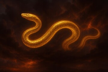 Fototapeta premium Golden Serpent in Crimson Sky – Surreal Mythical Scene