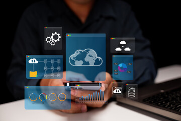 A person interacts with digital data displays on a smartphone, showcasing cloud computing, analytics, and network management interfaces.