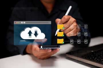A person using a smartphone with a cloud interface, showcasing data transfer and file management in a digital environment.