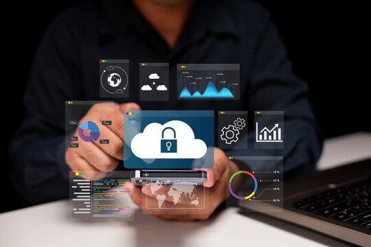 A person interacts with a smartphone displaying various data visuals and cloud security icons, signifying data management and analytics.