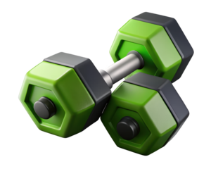 Isometric green dumbbell weightlifting equipment for strength training fitness and bodybuilding on surface 3d illustration isolated on transparent background