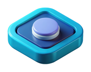 Isometric shape with round button in blue and purple tones glossy finish 3d illustration isolated on transparent background