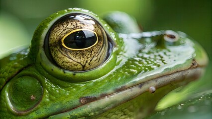 Extreme closeup of a green frog's eye showing intricate details and texture