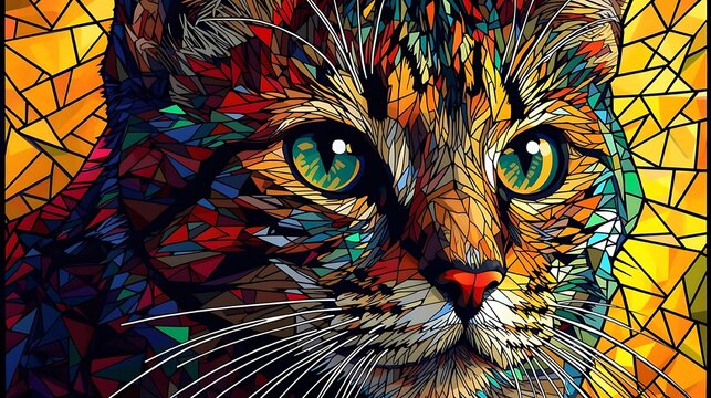 A vibrant, geometric stained-glass style portrait of a tabby cat with striking green eyes against a warm, golden background. - Powered by Adobe