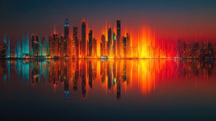 Fototapeta premium Bright futuristic city skyline with fiery neon reflections on water