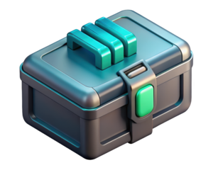 Isometric style storage box with teal handle and latch detail 3d illustration isolated on transparent background