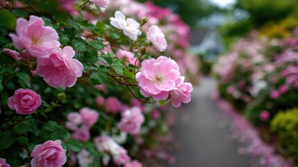 Fototapeta premium Pathway with blooming pink roses and garden flowers in spring