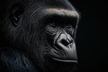 Close-up gorilla portrait reveals textured wrinkles and coarse dark fur