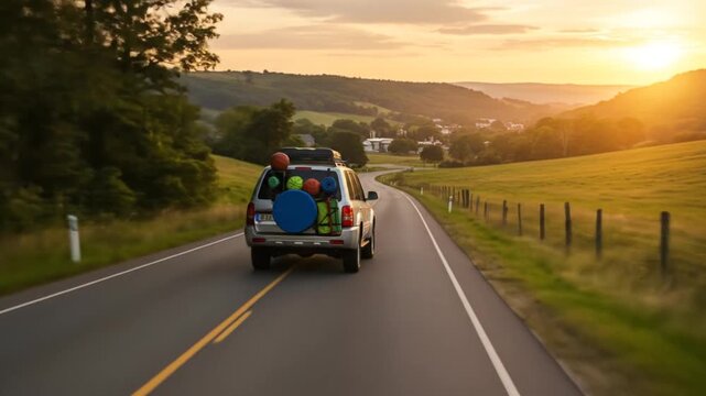 Epic Road Trip Adventure - Loaded SUV Drives Along a Winding Country Road into a Golden Sunset.