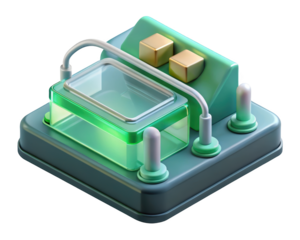 Modern isometric science machine device with clear container and golden cubes decoration 3d illustration isolated on transparent background