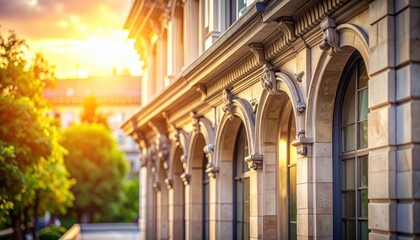 Stone Building with Arched Windows and Trees at Sunset