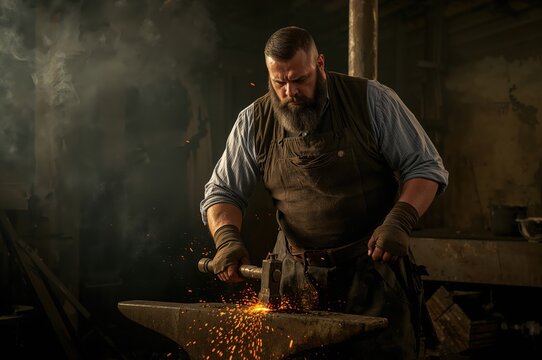 Rugged blacksmith strikes glowing iron, sparks flying in dim historic workshop - Powered by Adobe