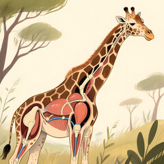 Anatomical illustration of a giraffe with visible muscle structure in nature  